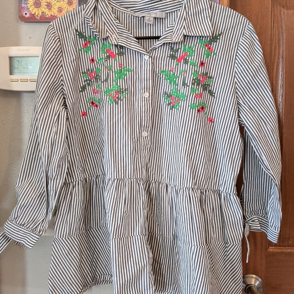 Marc New York Tops - Marc New York Navy & White Striped Embroidered Peplum Blouse